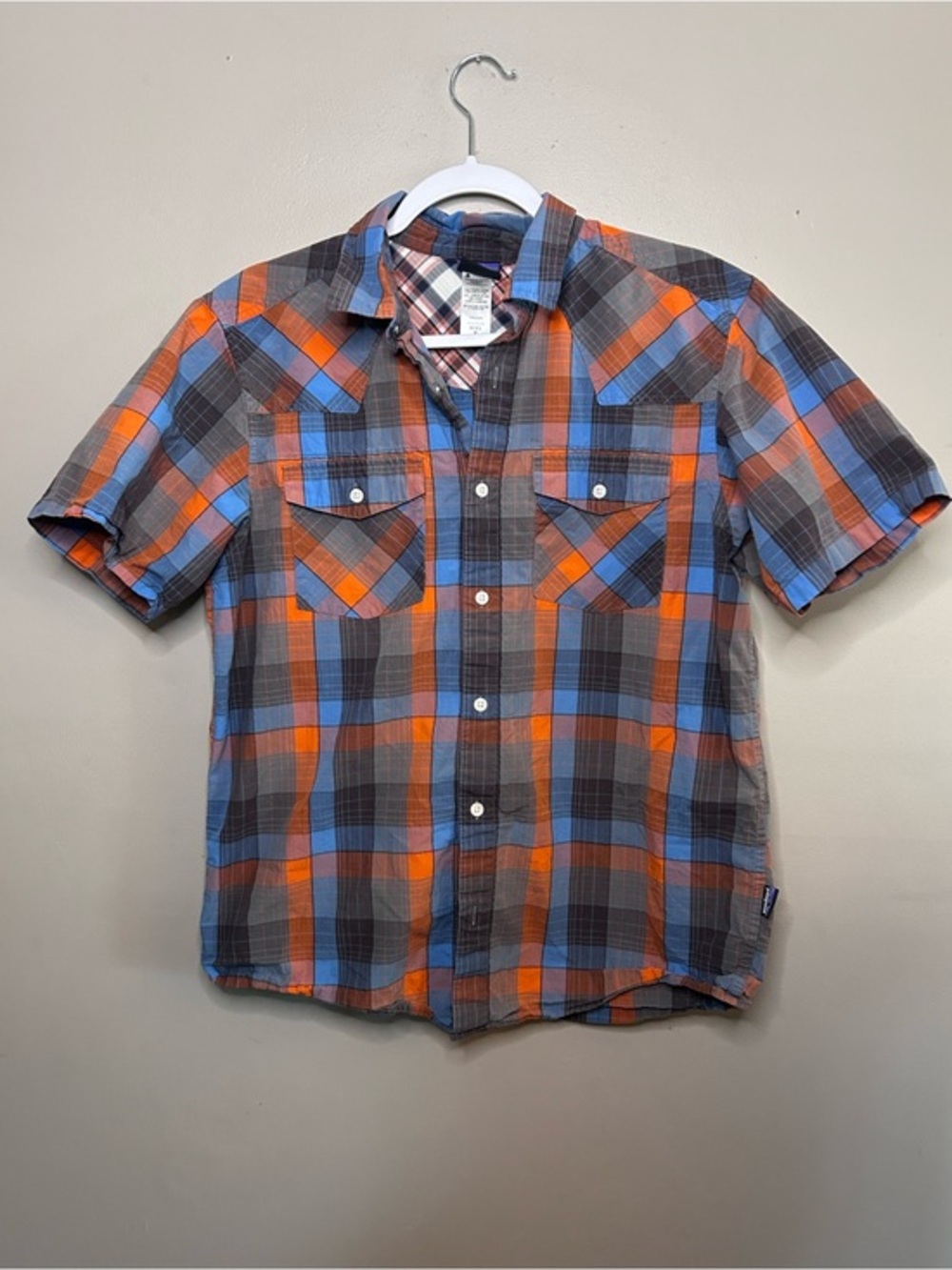 Patagonia Short-Sleeve Plaid Button-Down Shirt - Blue & Orange